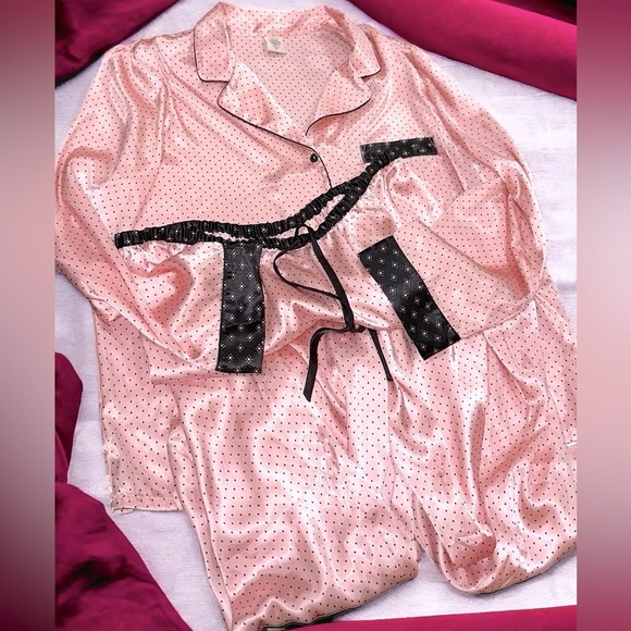 In Bloom by Jonquil Satin full 2 Pc Pajama Set Pink/black dots Sz XL - Picture 3 of 12